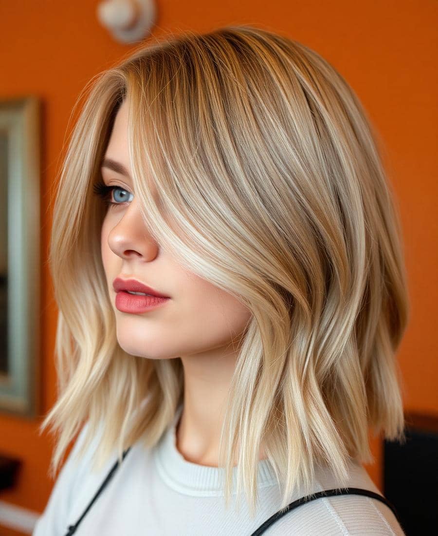 Zachte blonde balayage op halflang haar