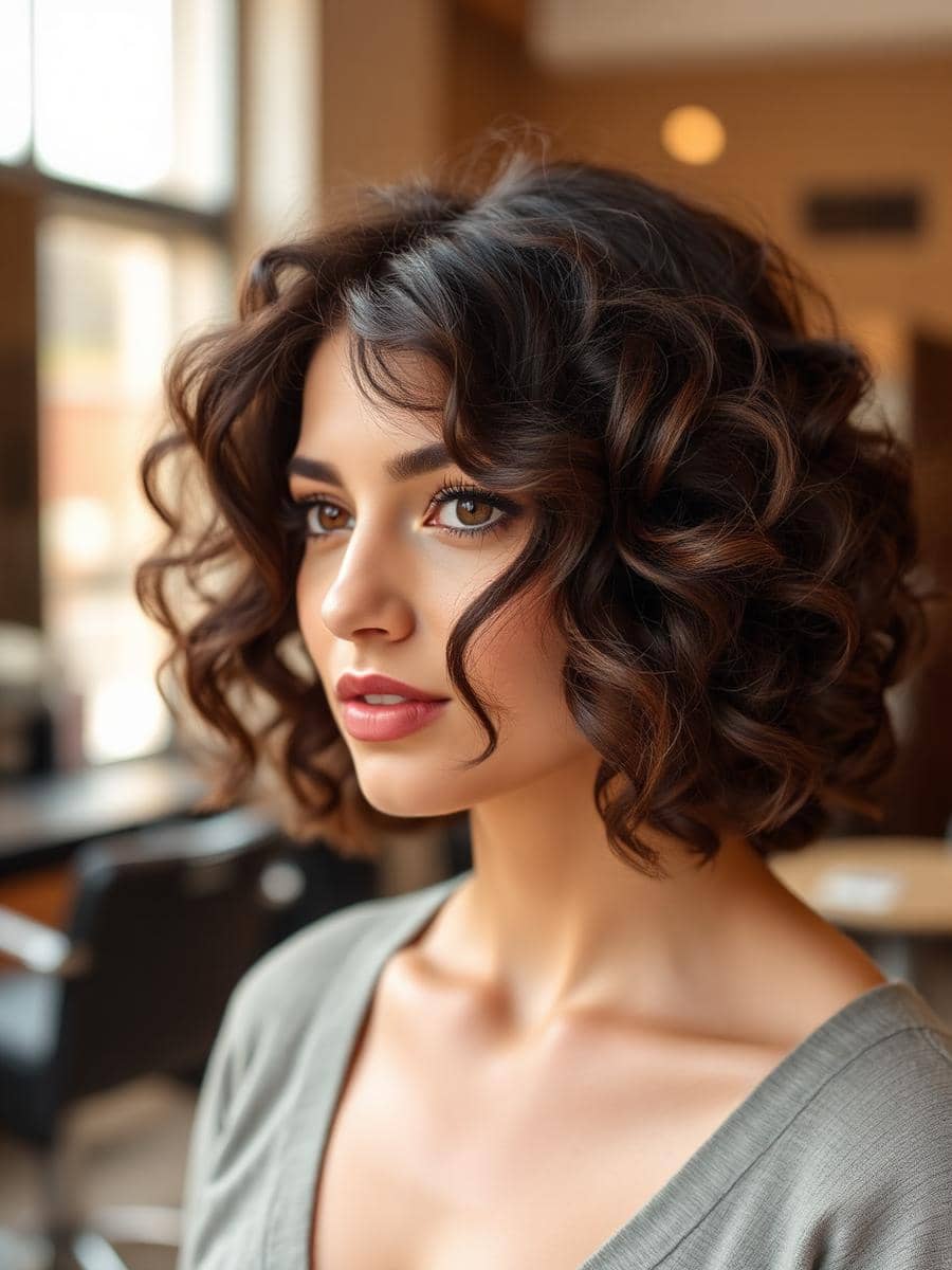 Krullende bob met warme highlights