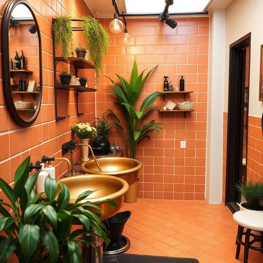 Wasstraat van de salon met terracotta tegels